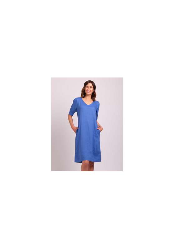 Puff Sleeve V Neck Linen Dress